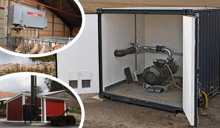 Kollage med en eldriven vattenpump, en rälshängd fodervagn och en biobränslepanna.