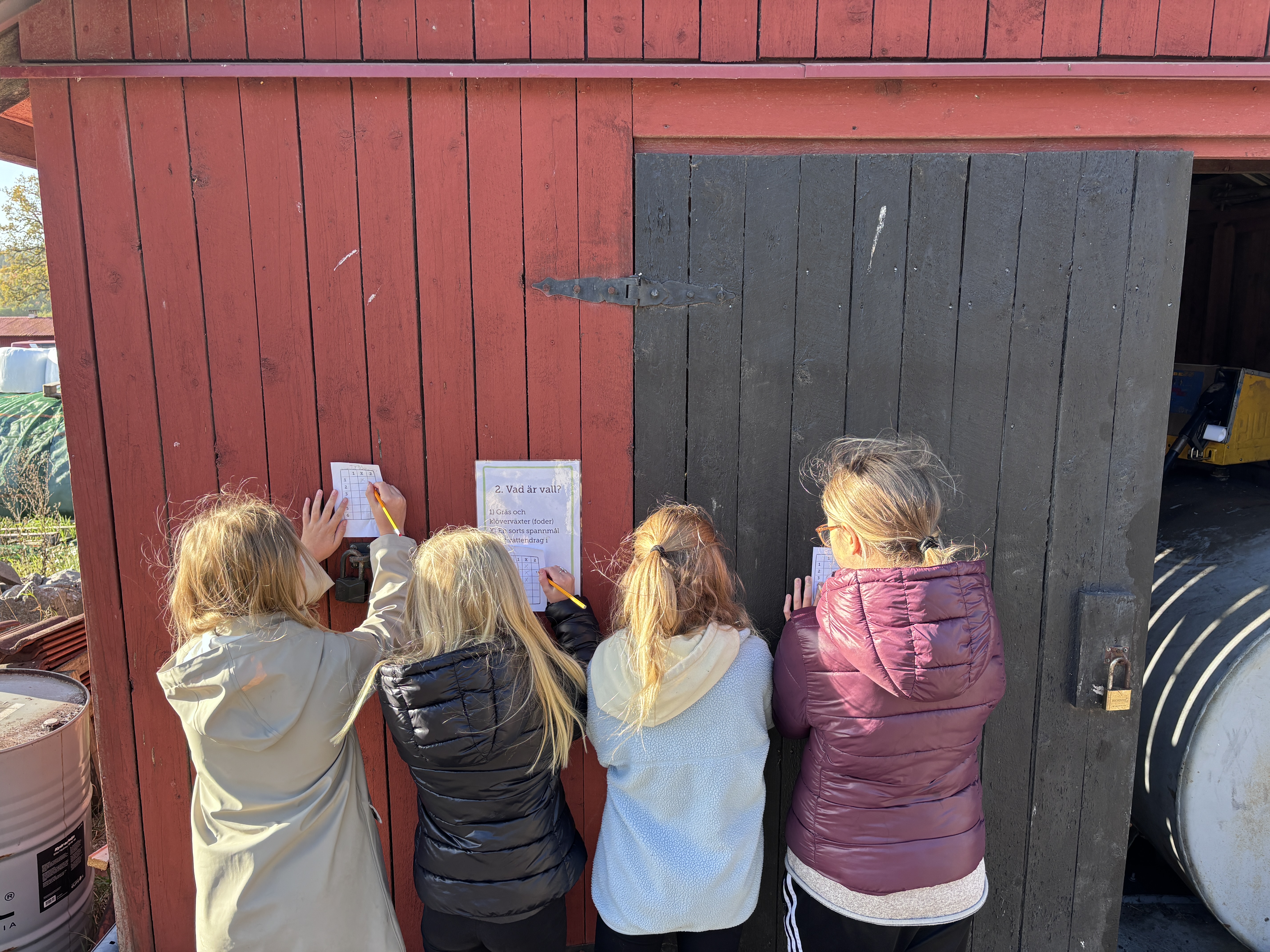 Elever fyller i frågelappar mot en ladugårdsvägg.